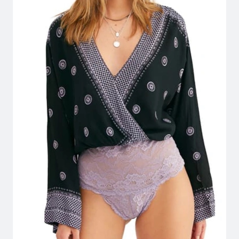 Free People black purple plunging long sleeve body suit lace size XS
